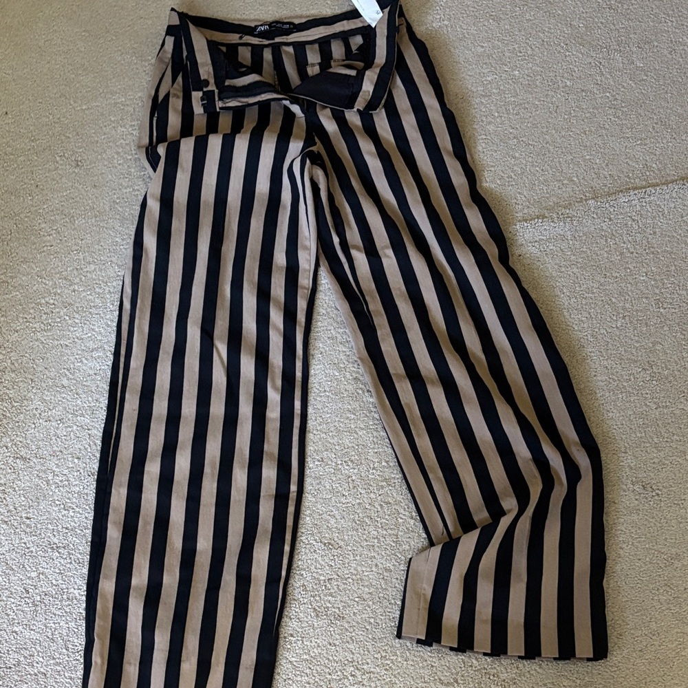 Zara Black and Brown Striped Wide Leg Pants